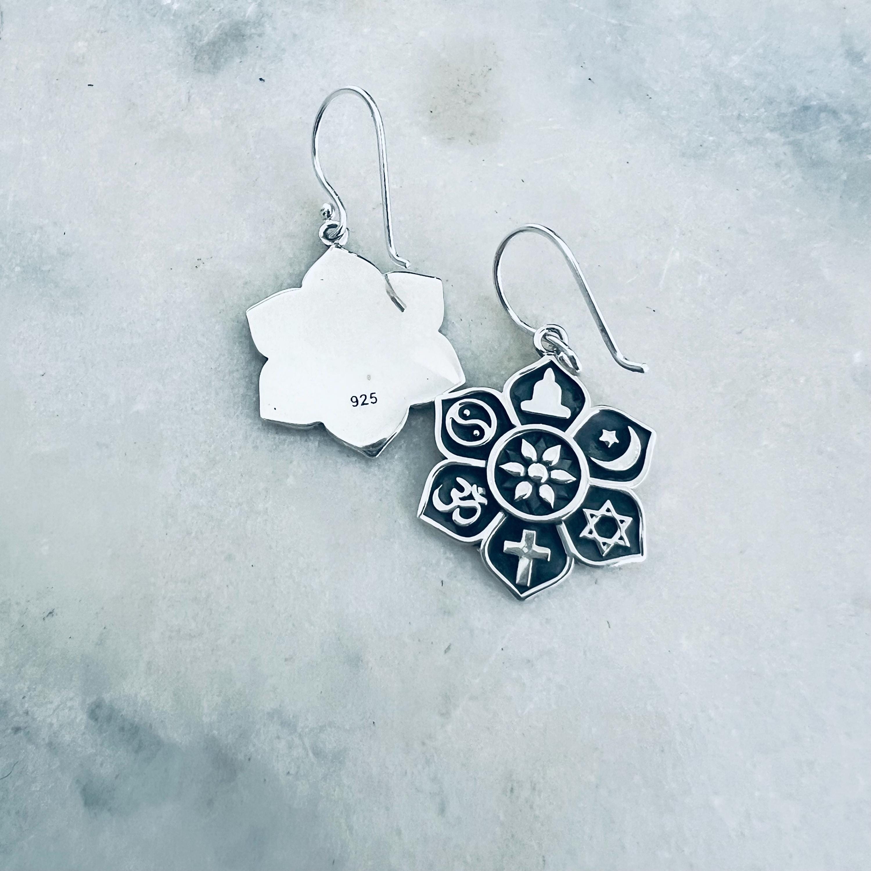 Sterling Silver Coexist Earrings: Yin Yang, Ohm, Lotus Charm