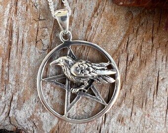 Sterling Silver Pentacle Raven Pendant. Silver Pentacle, Sterling Pentagram w Bird,  Wiccan Goth Jewelry