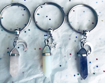 Crystal Moon Star Keychain Celestial Keyholder  Gemstone New Car Gift  for College Travel New Apartment Personalized Keyring pl N