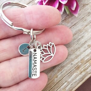 Namaste Keychain, Namaste Lotus Key Ring,  Personalized Initial Yoga Keychain