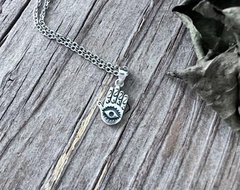 Tiny Sterling Silver Hamsa Evil Eye Pendant Necklace, Hand of Fatima, Mystial Protection Symbol