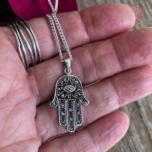 Sterling Silver Hamsa Evil Eye Pendant, Silver Hand of Fatima With All Seeing Eye, Protection Symbol, Spiritual Healing Hand, Chain Choices