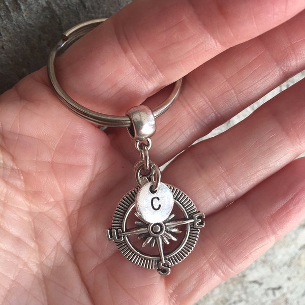 Compass Initial Keychain/ Compass Key Ring/ Graduate Key Ring/ Initial Keychain/ Travel Key Chain/ Graduation/Good Luck/ Good Bye P