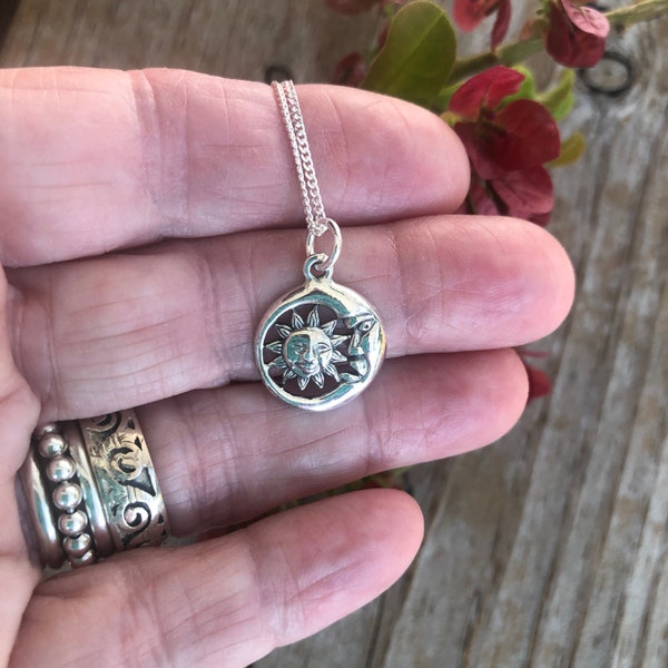 Sterling Silver Sun Moon, Silver Moon and Sun Pendant, Celestial Cosmic Jewelry lbe