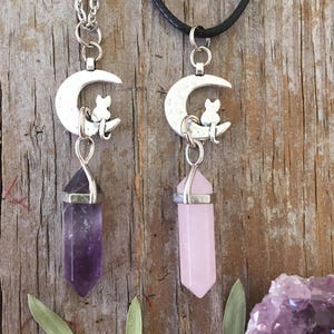 Cat Moon Crystal Necklace: Hammered Silvertone Kitty Pendant