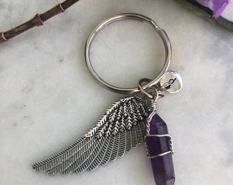 Wing Crystal Keychain, Angel Wing Pendant, Remembrance Keychain, Wing Key Ring with Crystal, Guardian Angel Wing Keychain, Initial, Gemstone