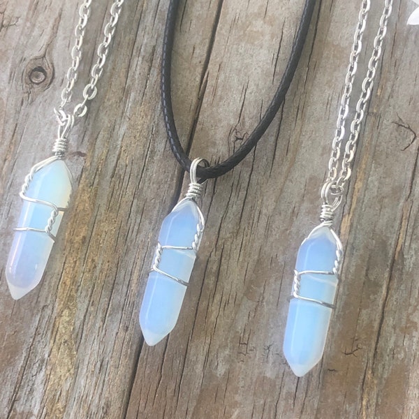 Opalite Necklace. Wire Wrapped Crystal Necklace,  Crystal Man Made Opalite