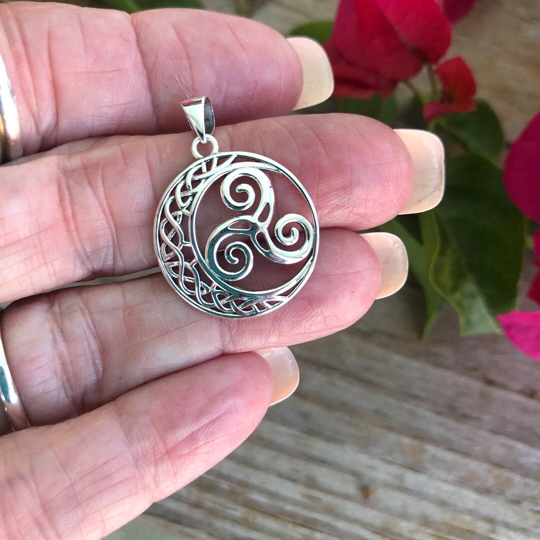 Sterling Silver Celtic Moon Triskelion Pendant, Triple Spiral Pagan ...
