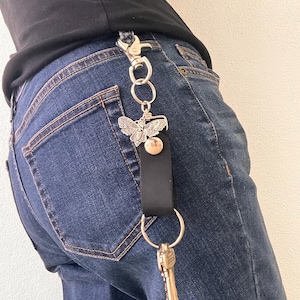 Moth Keychain: Black Leather Belt Loop, Punk Biker Keyring