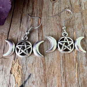 Triple Moon Goddess Earrings: Pentacle Pentagram Dangle, Gothic Jewelry