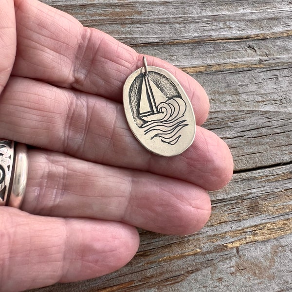 Susan Packard Handmade Sterling Silver Vintage Sailboat Pendant, Sailing on Ocean, Signed, Etched Drawing on Sterling  c. 1990's