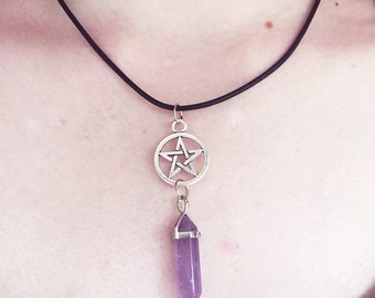 Kristall Pentagramm Halskette, Wicca, Quarz Kristall, Amethyst, Rosenquarz, Pentagramm, Goth Pagan