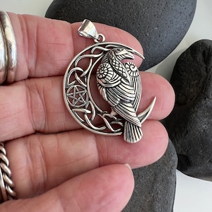 Sterling Silver Raven Moon Pentacle Pendant: 925 Celtic Gothic Bird, Crow Crescent Charm