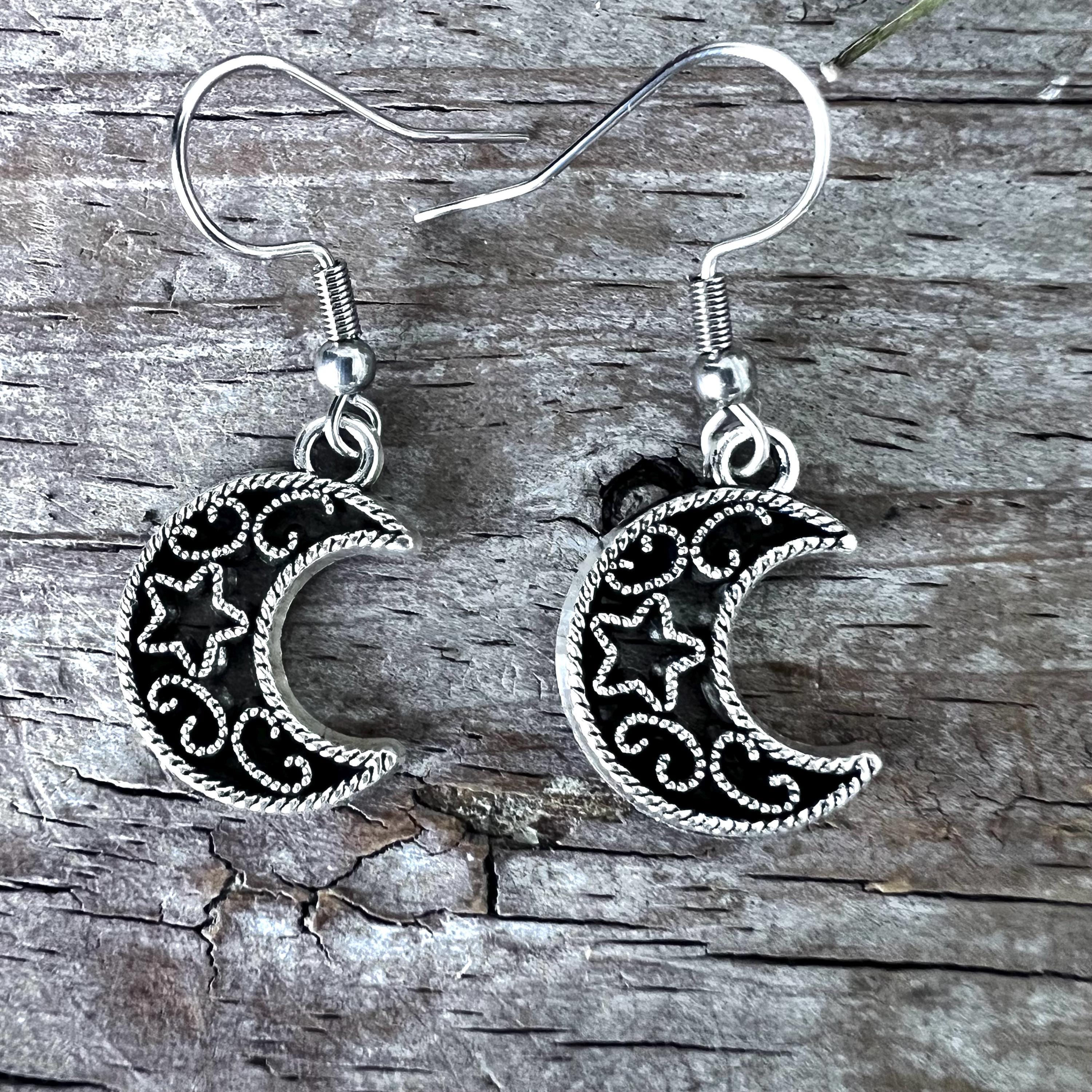 Crescent Moon Star Earrings: Antiqued Filigree Cutout Charms