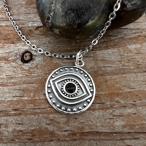 Sterling Silver Evil Eye Necklace Pendant: Good Luck Protection Charm, Black Manmade Stone