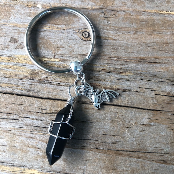 Bat and  Crystal Keychain: Goth Keyring with Wrapped Stone, Gothic Bats Key Holder, Halloween Charm
