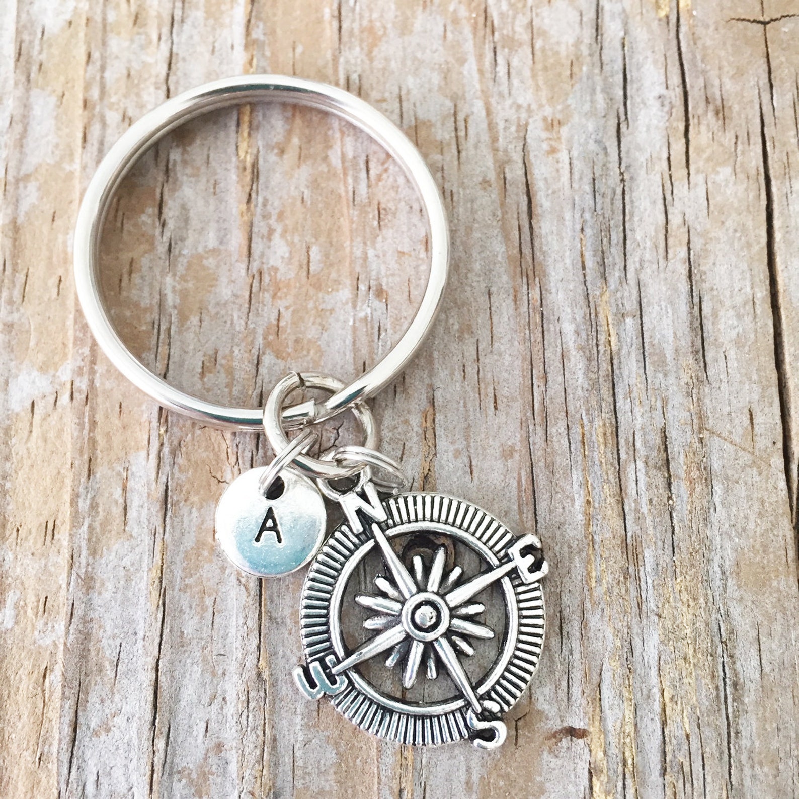 Compass Initial Keychain, Compass Key Ring, Personalize Travel Keychain ...