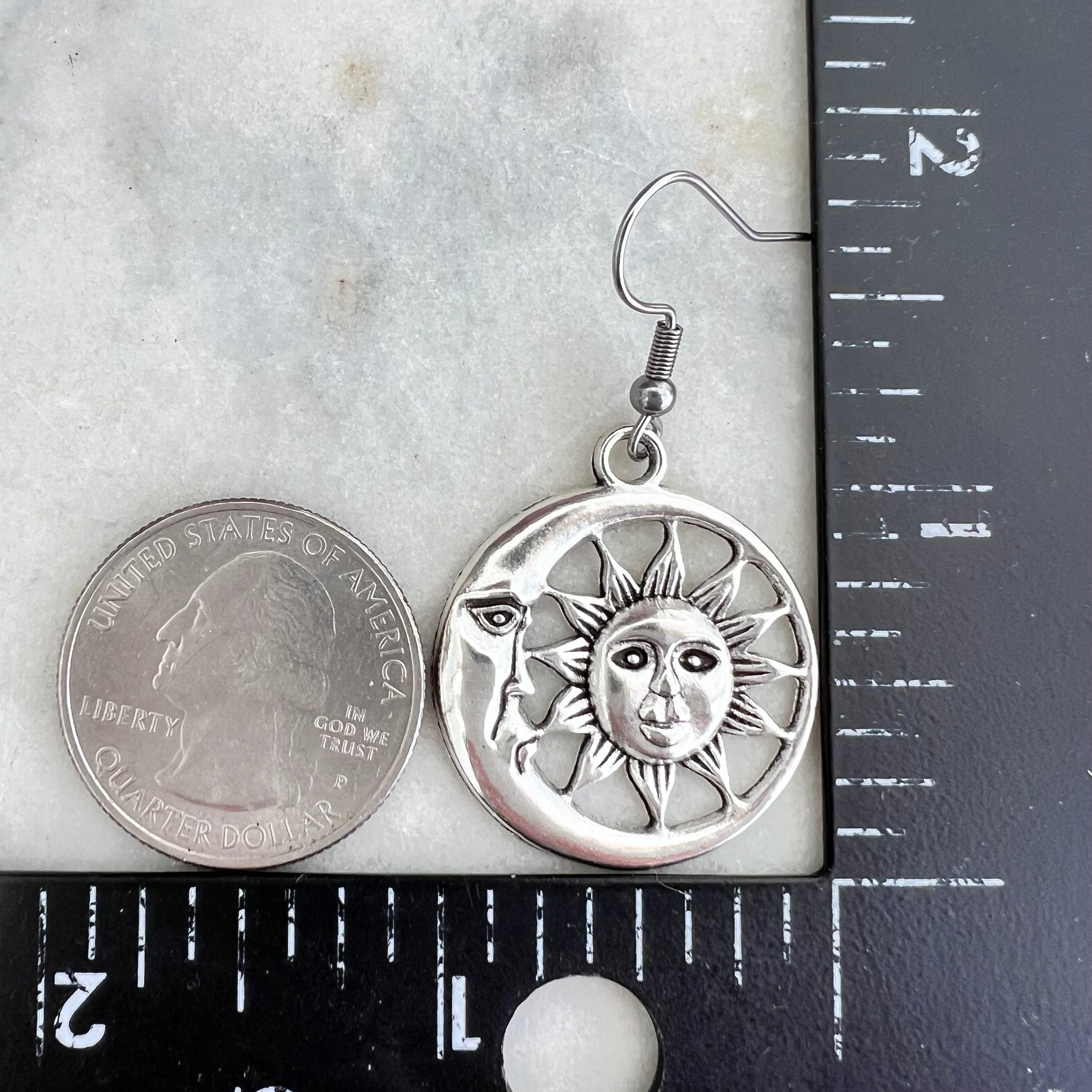 Sun Moon Earrings, Moon Sun Face Charm Earrings, Silver Tone