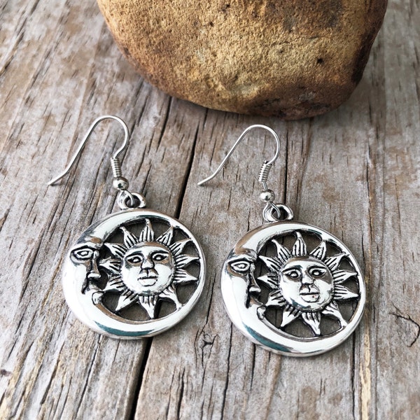 Sun Moon Earrings,  Moon Sun Face Charm Earrings, Silver tone Medallion Sun and Moon Dangle  Earrings