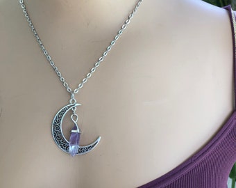 Crescent Moon Crystal Necklace/ Moon Necklace/ Moon Amethyst Necklace/ Celestial Quartz Crystal Necklace/ Aventurine/ Rose Quartz Moon