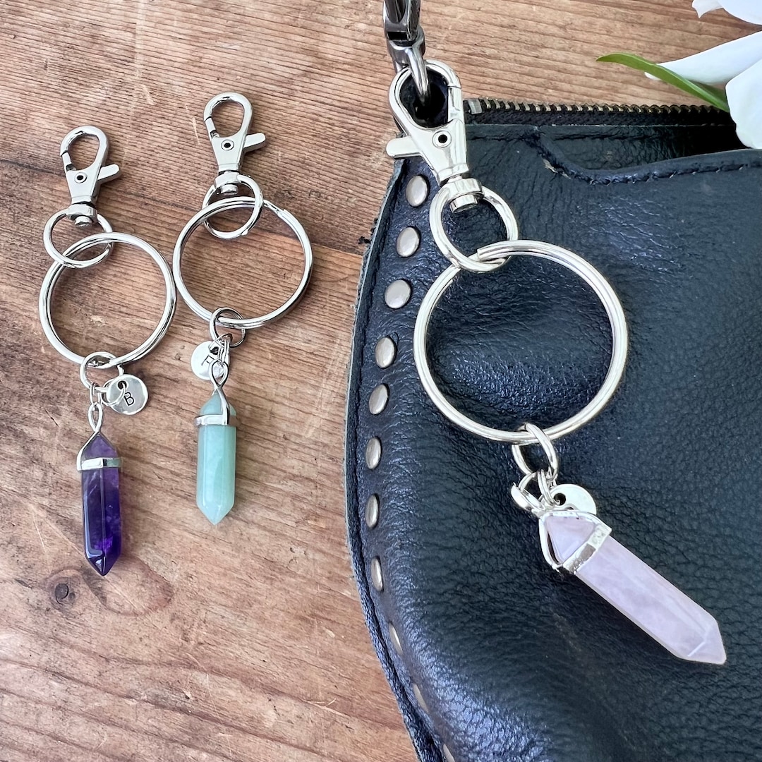 Crystal Keychain With Clip, Rose Quartz Initial Key Ring, Clip for ...