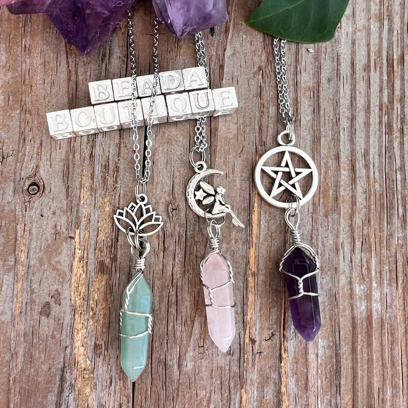 Crystal Fairy Moon Necklace, Wrapped Crystal with Charm, Pentacle Lotus Celtic More Choices, Gift For Her, Love Gift image 10