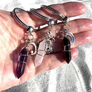 Keychain with Moon, Amethyst Fairy Keys Holder for Her, Rose Quartz Key Ring, New Car Holiday Gift