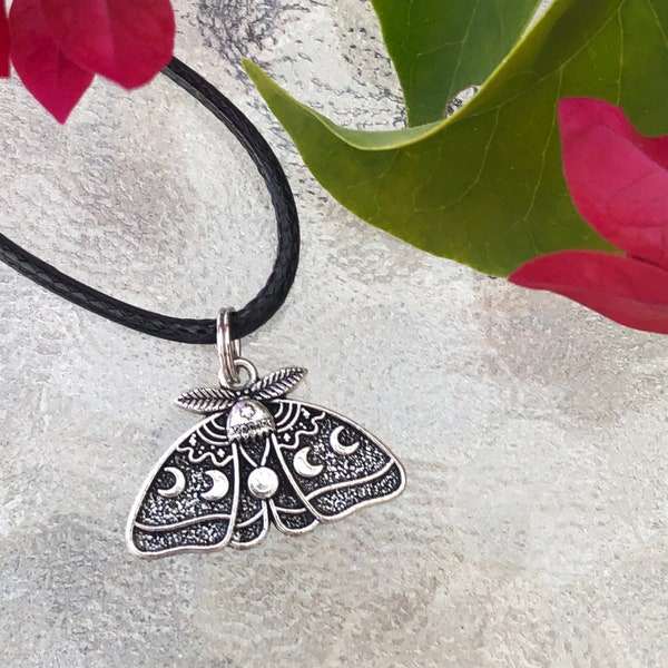 Luna Moth Pendant, Moon Phase Moth, Silver Moth Charm, Butterfly Nature Jewelry, Insect Charm