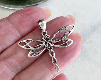 Sterling Silver Dragonfly Pendant. 925 Sterling Dragonfly Charm with Celtic Wings, Celtic Butterfly mlw