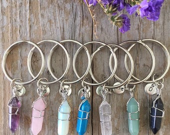 Crystal Wire Wrapped Key Chain/ Crystal Keyring/ Initial Key Chain/ Healing Crystals/ Crystal Key Holder