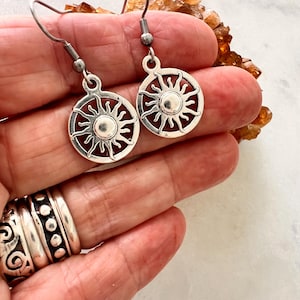 Silver Sun Drop Earrings: Celestial Sun Ray Jewelry