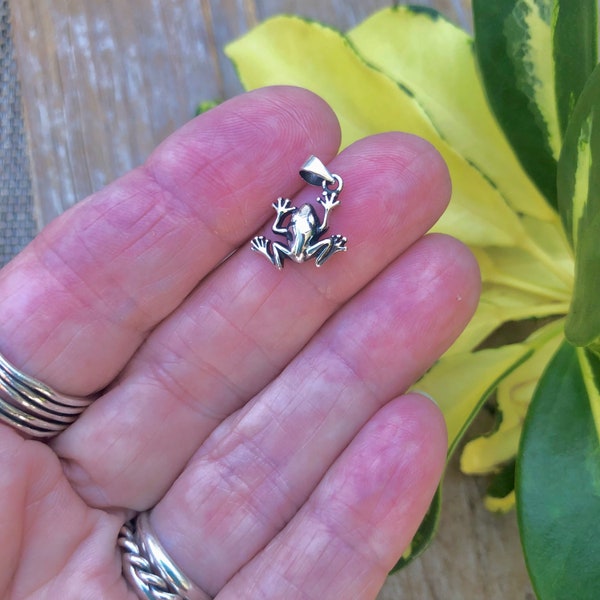 Silver Frog Necklace, Tiny Sterling Frog, Nature Charm, Sterling Silver Amphibian Jewelry, Little Hopping Frog  ys