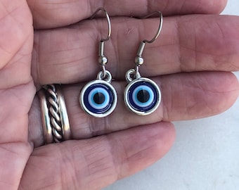 Evil Eye Earrings, Blue Eye Charm, Silver Evil Eye Earring, Good Luck Charm, Protection