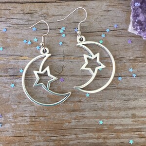 Crescent Moon Star Dangle Earrings: Silvertone Celestial Jewelry