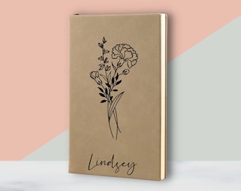 Personalized Leather Journal, Birth Flower Engraved Journal, Personalized Notebook, Custom Diary, Journal with Name, Christmas Gift