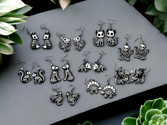 Animal Skeleton Earrings, Halloween Earrings, Costume Jewelry, Dinosaur, Dragon, Fox, Rooster, Cat, Dog, Squirrel Earrings, Spooky Earrings
