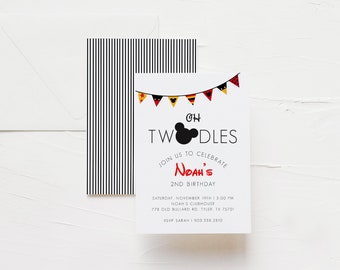 Mickey Mouse Invitation | Mickey Mouse Birthday Invitation | Oh Twodles | Modern | Simple | Bunting Banner | Disney Birthday | Stripes