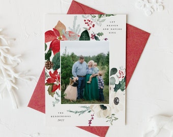 Photo Christmas Card | Photo Holiday Card | Single Photo | Christmas Poinsettia | Christmas Greenery | Holly