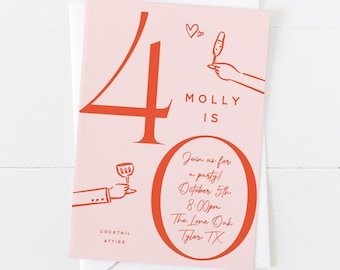 40th Birthday Invitation, Hello Forty Invitation, Pink, Template, Cheers to 40