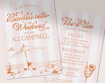 Beach Bachelorette Weekend Itinerary | Coastal Bach Invitation | Seaside Girls Trip | Striped Bach | Pink
