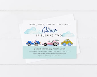 Race Car Birthday Invitation | Watercolor | Honk Beep | Vintage Cars Invitation | Cars and Trucks Birthday Invitation | Boy Birthday Invite