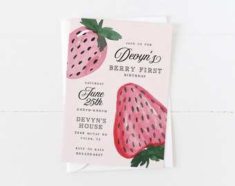 Girls Birthday Invitation | First Birthday | Berry First Birthday | Strawberry | Strawberries | Summer Birthday Invitation