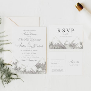 Mountain Wedding Invitations Winter Wedding Invitations Gray and White Wedding Invitations Watercolor Mountains Wedding Template image 1