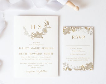 Simple Wedding Invitation | Gold Wedding Invitations | Floral | Minimalist Wedding Invitation | Classic Wedding Invitations | Gold and White