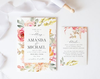 Floral Wedding Invitations | Pink | Blush | Watercolor | Spring Wedding Invitation | Summer | Printable | Prints | Wildflower