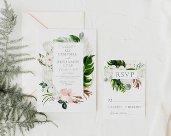 Tropical Wedding Invitation | Beach Wedding Invitations | Watercolor Palm Wedding | Floral | Protea | Hawaiian Invitation | Template