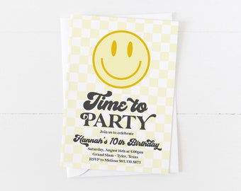 Smiley Face Invitation | Checkered Smiley Face | Kids Bday Party Invitation | Groovy | Teen Birthday | Retro Birthday Invitation