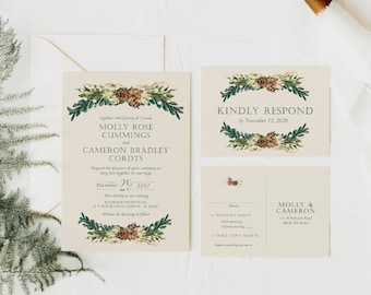 Winter Bohemian Wedding Invitations | Winter Wedding Invitations | Pine Wedding Invitation | Pinecone | Winter Greenery Invitation | Foliage