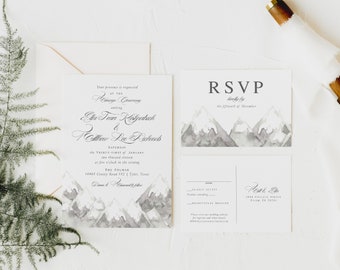 Mountain Wedding Invitations | Winter Wedding Invitations | Gray and White Wedding Invitations | Watercolor Mountains | Wedding Template