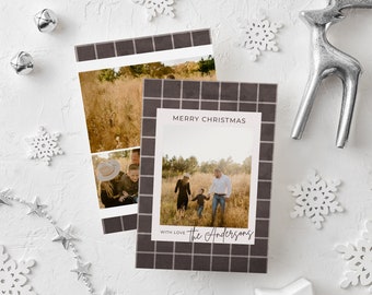 Multi Photo Holiday Card, Neutral Plaid Christmas Card Template, Warm, Double Sided Template